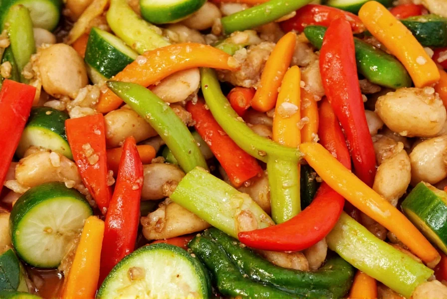 Colorful stir-fry vegetables with visible fresh ginger slices in glossy sauce