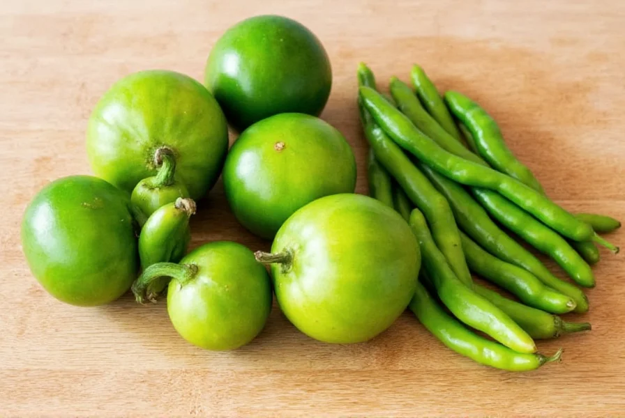 Fresh tomatillos and green chilies arranged on wooden cutting board for chili verde pork recipe preparation
