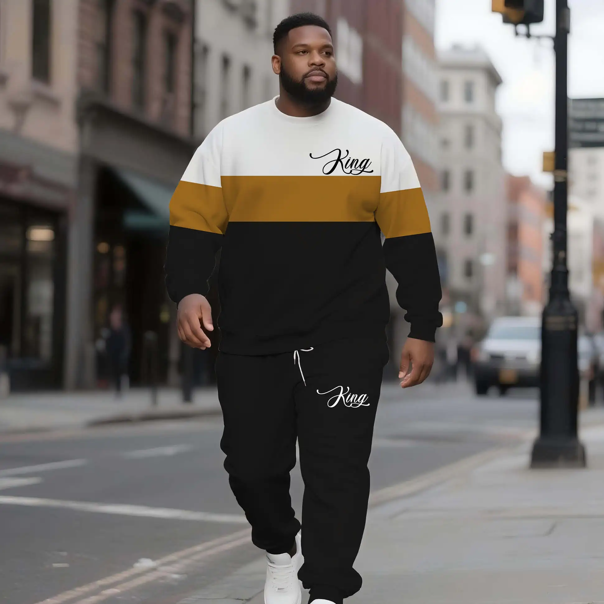 King Text Plus Size Men's Crew Neck Sweater Set Hot Sale Factory Direct Color Block Custom Letters Winter Knitted Print Pattern