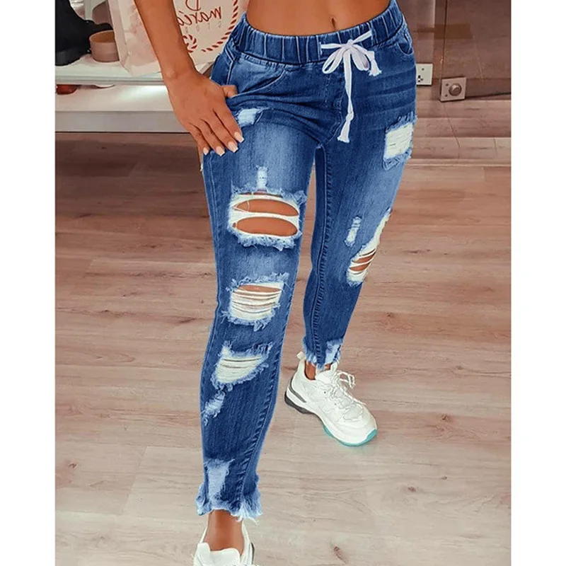 

Hot Sale  Women Denim Trouser Drawstring Jeans For Women Ripped Hole Stretch Jean Ladies Plus Size Full Length Pencil Pants, Gray black blue light-blue