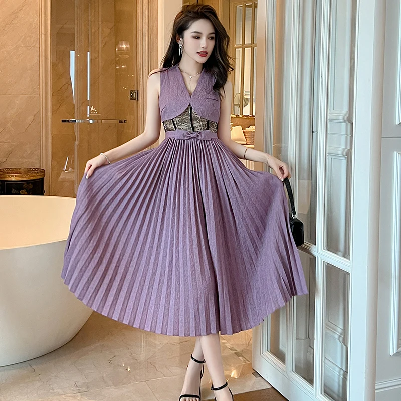 zyht 10603 waist lace patchwork bow decor pleated purple a-line dress office lady sleeveless ruched swing dress