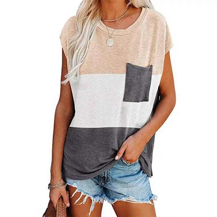 

PEARL Summer Short Sleeve Tshirt Woman Tops Fashionable Contrast Color Pocket Ladies' Blouses