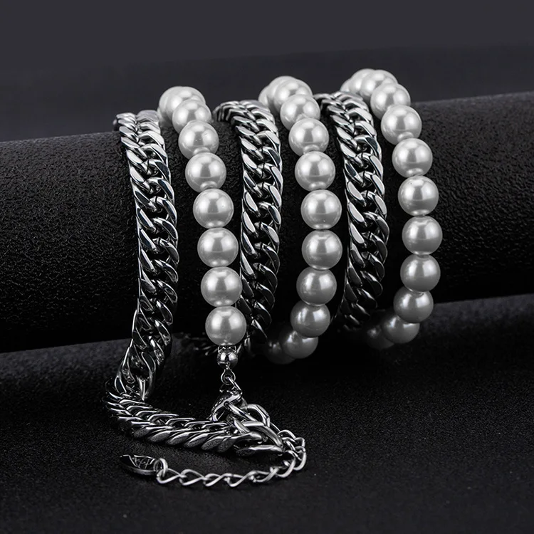 

Custom Jewelry Hiphop Punk Stainless Steel Pearl Chain Necklace For Men, Picture