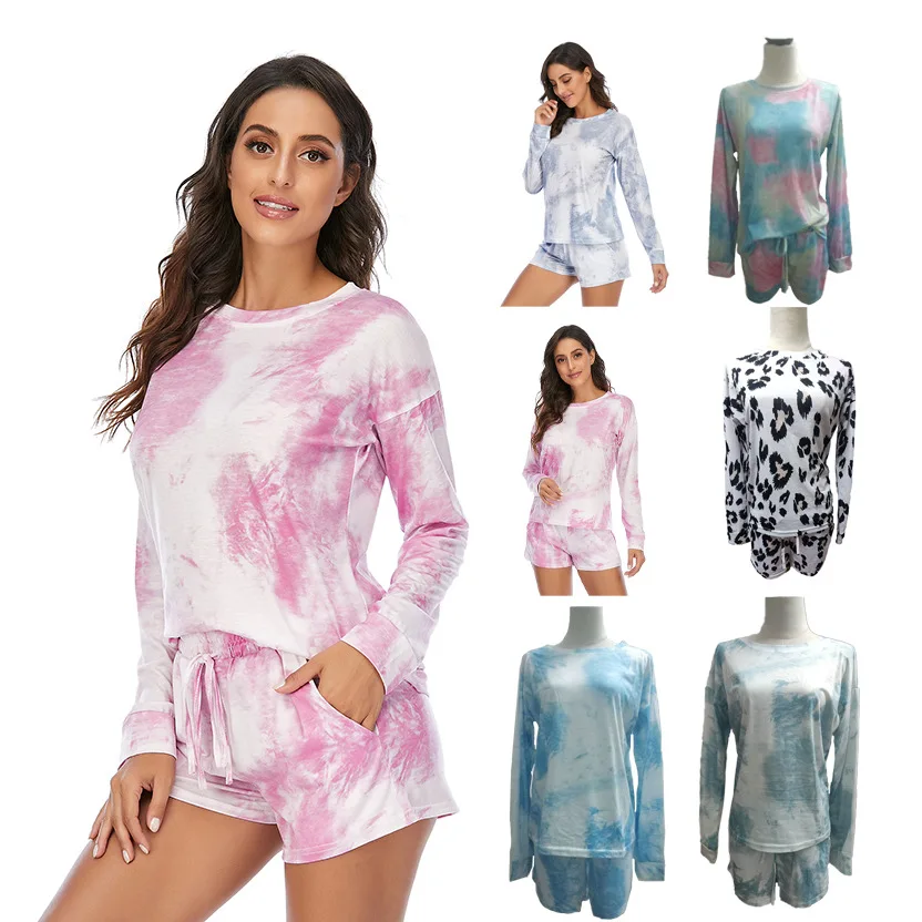 

2021 Good quality Lady's lounge wear women's two piece set Outfit ropa women sleepwear 2 piece tie dye set casual wear, As picture