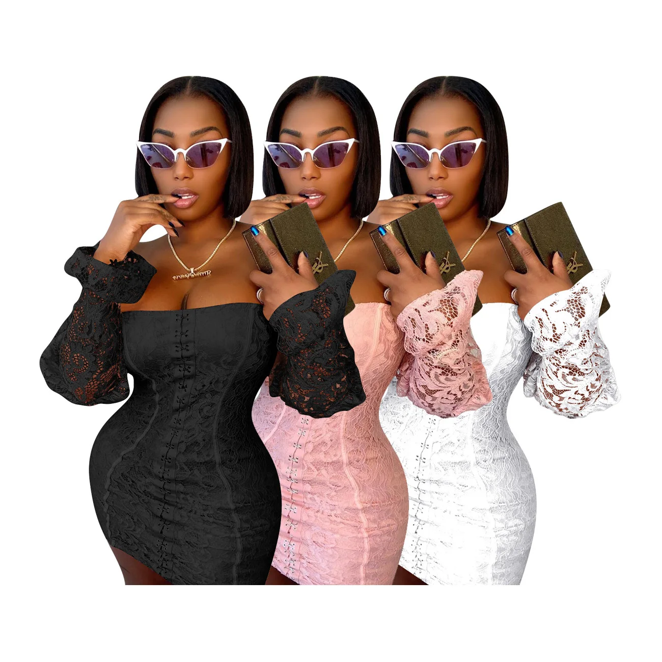 

Hot Sale Sexy See Through Off Shoulder Long Sleeve Lace Bodycon Casual Dress For Ladies Fashion Fall Hollow Out Mini Dress