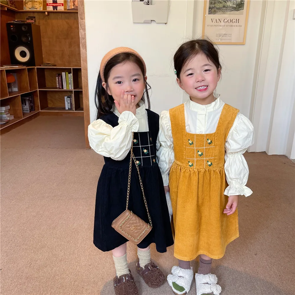 

2022 autumn Korean design little baby girls overall dresses toddler kids corduroy black yellow overalls clothing Pc2353045