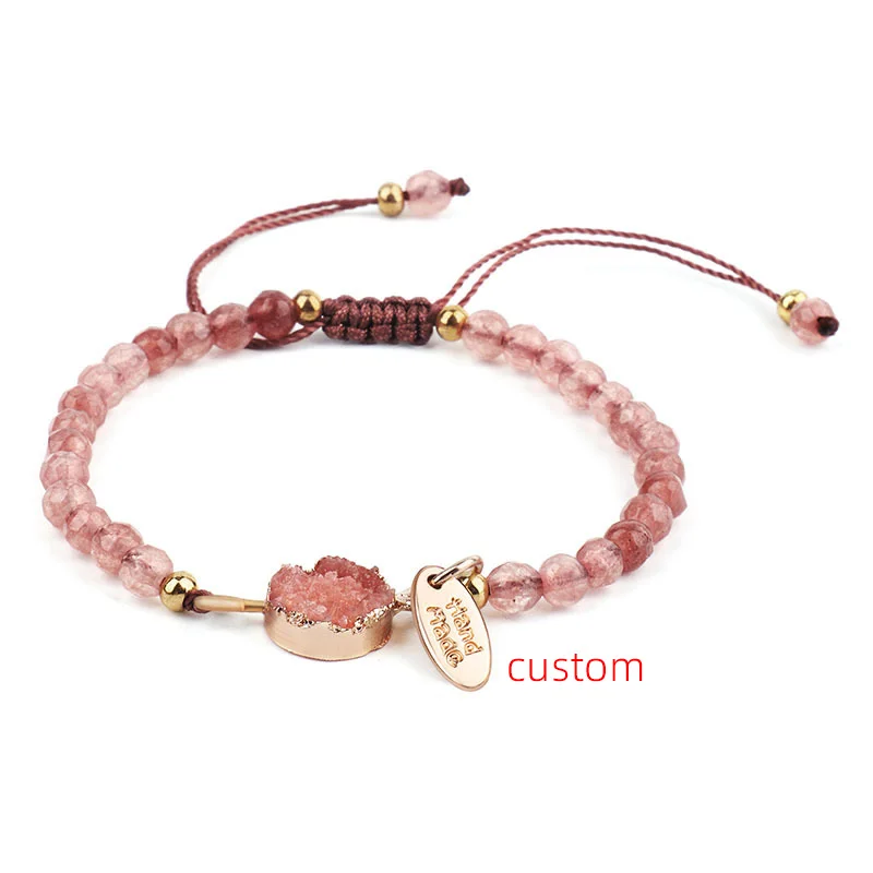 

Adjustable Woven Red Cord Natural Stone Beaded Pink rose quartz crystal bead bracelet