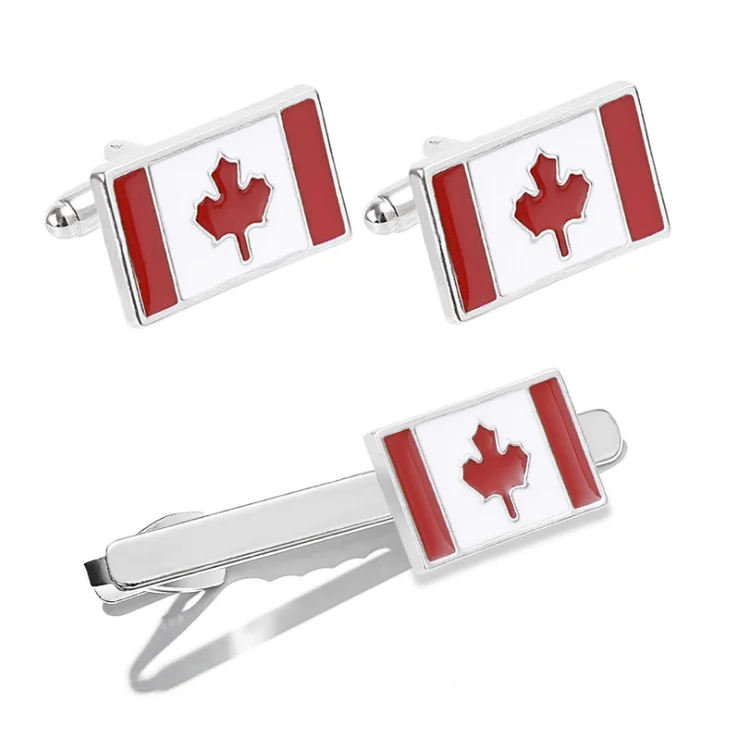 

Hot Selling Canada Flag Shirt Alloy Enamel Tie Clip And Cufflinks Set Custom Country Nation Logo Emblem Tie Clip and Cuff Links, Silver color