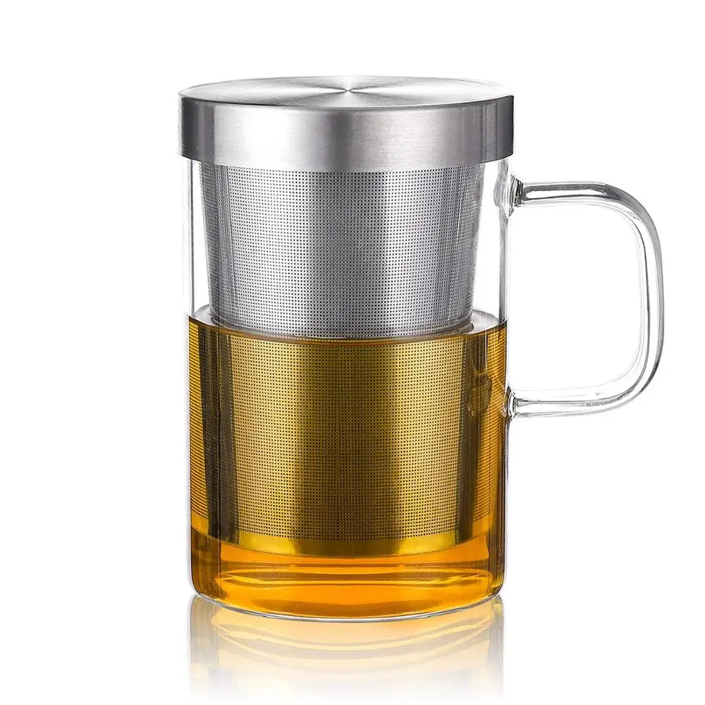 

450ml 16oz Borosilicate Glass Handle Cup with Stainless Steel Strainer and Lid