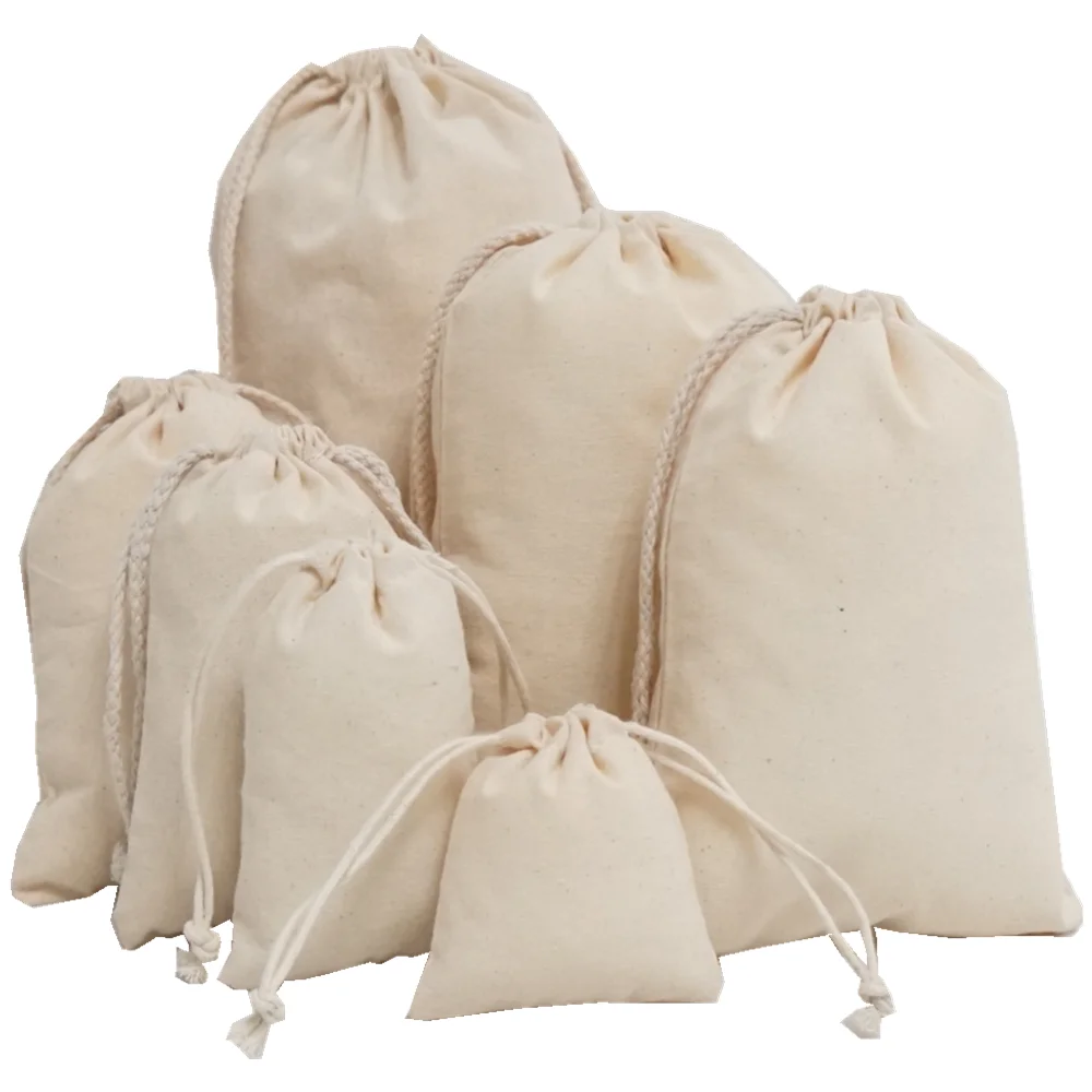 

Wholesale recyclable costom logo size natural cotton drawstring bags, Stock drawstring bags can print logo, White