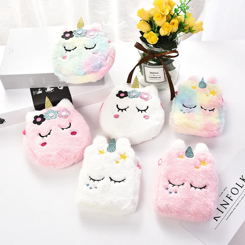 

Wholesale New Trending Unicorn Cartoon Reliever Stress Wallet Kids mini Plush cute Zipper Shoulder coin purses and handbags, 15 colors