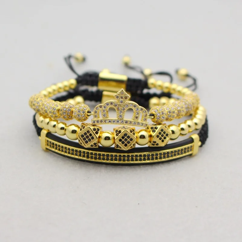 

Luxury 3Pcs/Set Queen Crown Bracelet Handmade Adjustable Micro Inlay 6mm CZ Balls Gold Crown Braid Bracelet Set
