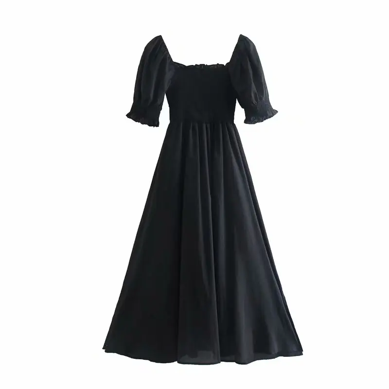 

2021 Fairy style short sleeve black color girls summer holiday smocked cotton long dress