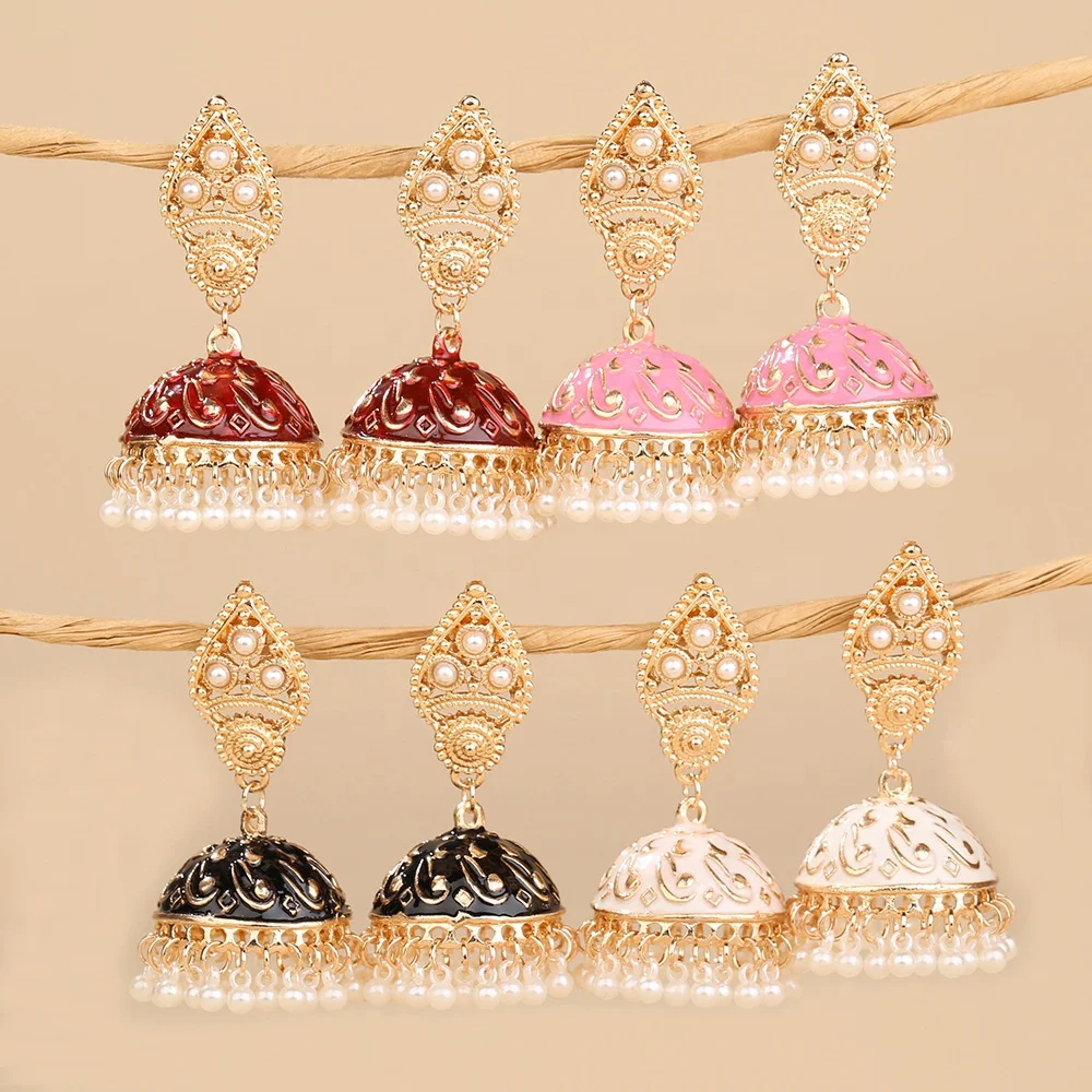 

wholesale Bohemian handmade red pink bell dangle kundan earrings Indian Earrings Jhumka for women jewellery, As the photos showed