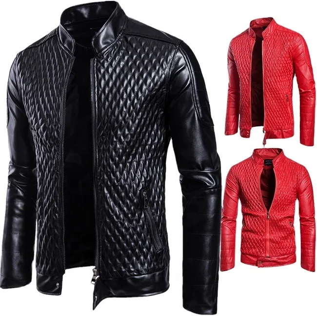 

2020 new fashion black and red zipper collar men's leather PU jackets, Red black