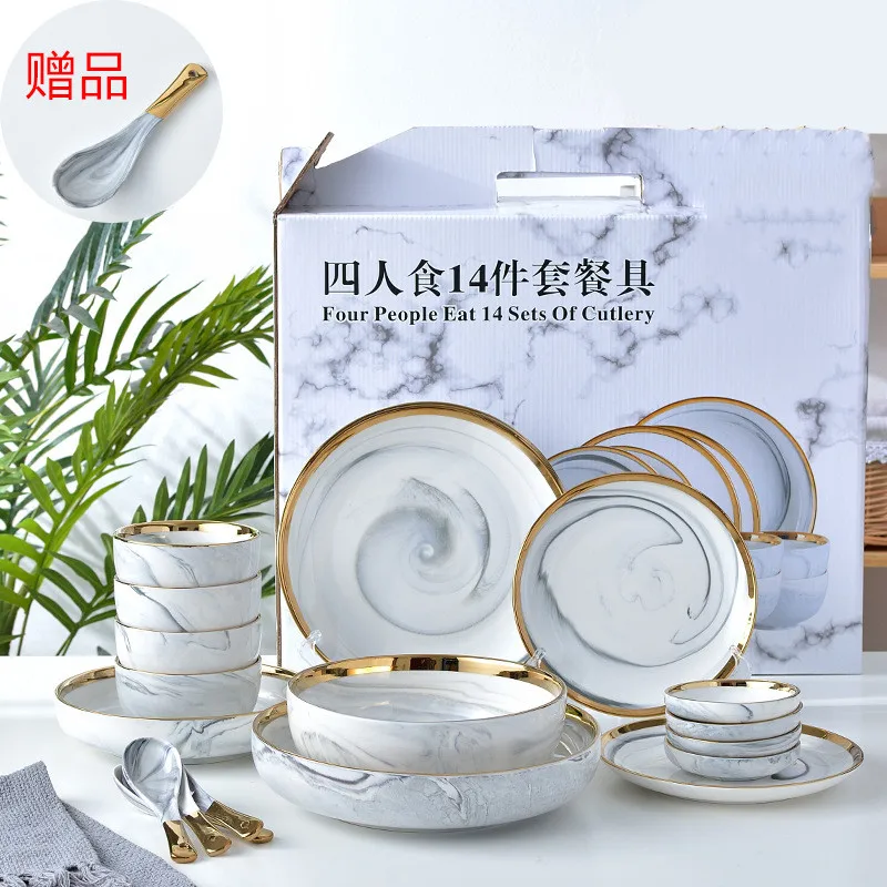 

European-style Phnom Penh Marble kitchen christmas Tableware Ceramic Bowl Set Home Dining Plate dish set dinner dinnerware, Pink