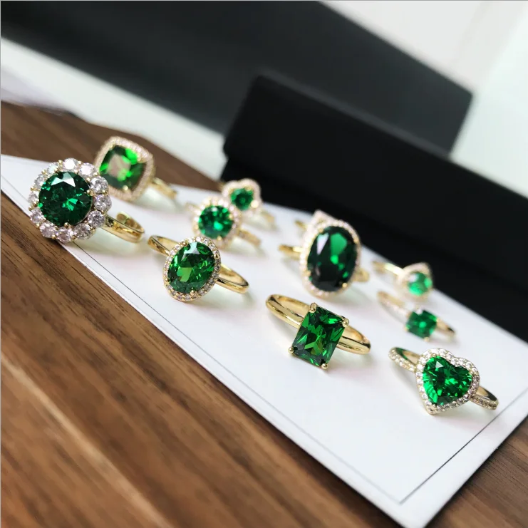 

ZY17 Balry Japanese Korean fashion 3A Green zircon ring imitation emerald gemstone opening gold ring for women