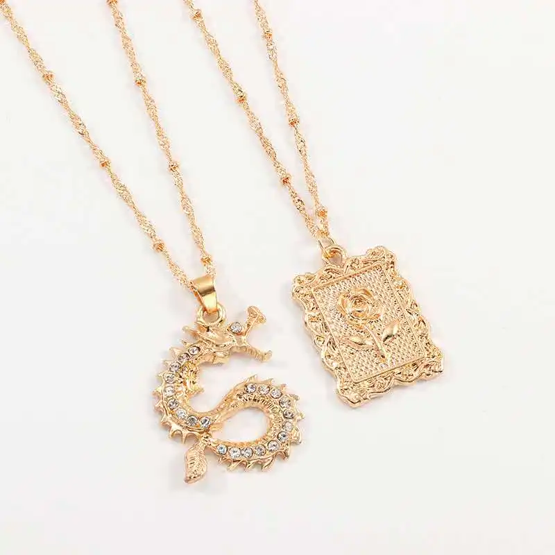 

Vintage Chinese Style Zodiac Animal Purple Crystal Rhinestone Dragon Snake Rose Coin Pendant Multilayer gold Necklace