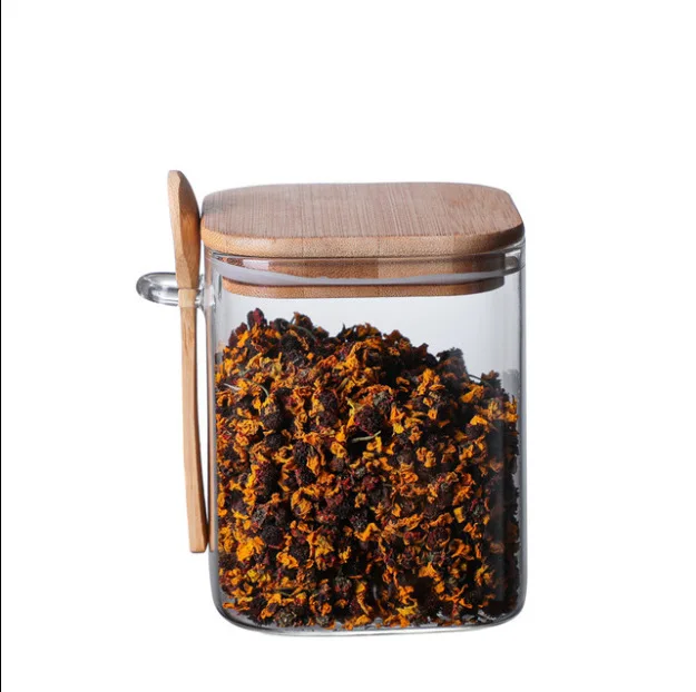 

Wholesale custom Square borosilicate glass storage jar with bamboo wooden lid, Transparent