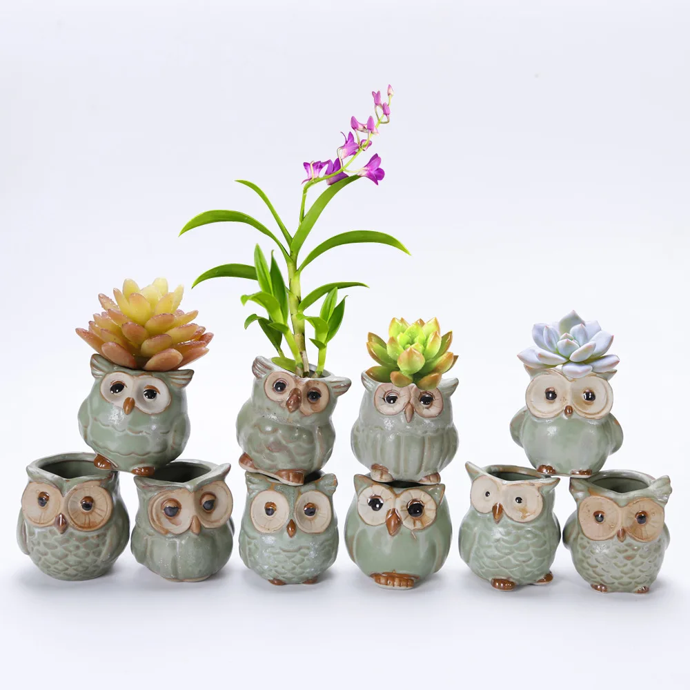

Amzaon Hot SALE Small Ceramic Owl Succulent Flower Pot Cheap Cactus Plant Container Planter Bonsai Pots, Customized color
