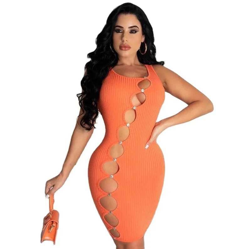 

2022 Spring Summer Lady Outfits Hollow Out Solid Color Sexy Club Mini Bodycon Elegant Dress for Women, Orange,green