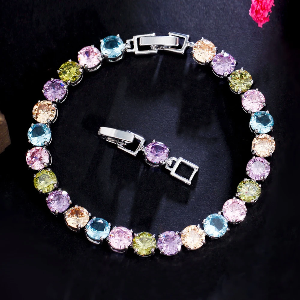 New Fashion Quality Round Cut Cubic Zirconia Stone Elegant Lady Rainbow Color CZ Tennis Bracelets Bangles for Party Jewelry