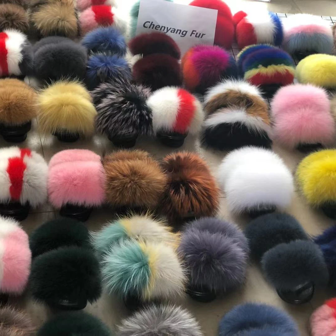 

2021 Summer Custom Genuine Women Fox Fur Slides Slippers, Customized color