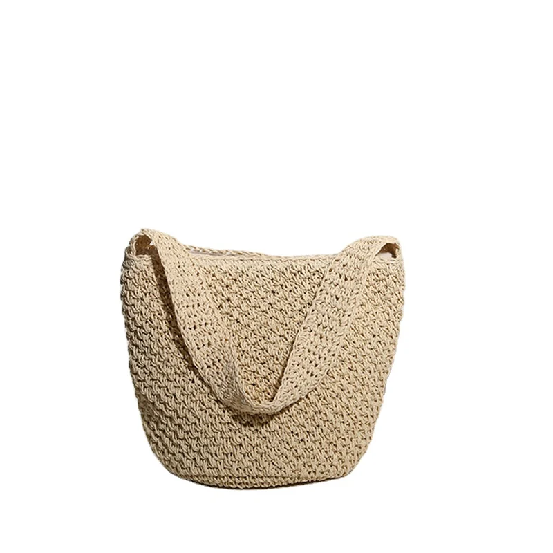 

OEM fashion straw handmade summer beach weave Simple bucket women tote Ladies large handbag, Customerized