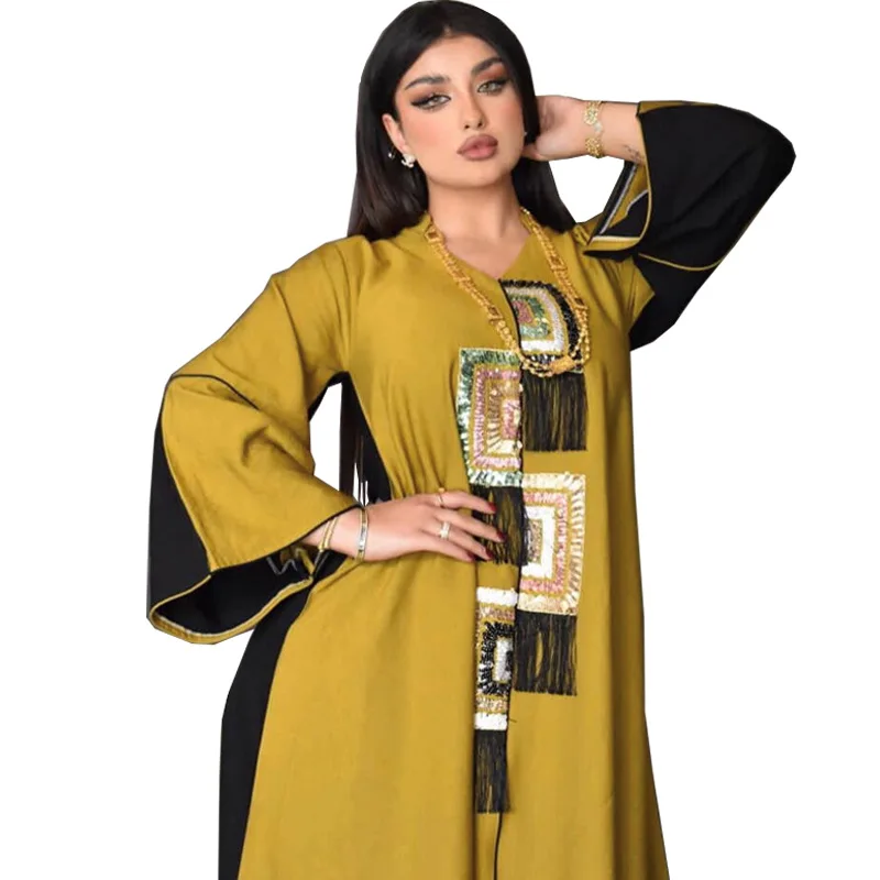 

HJ ZMDR94 islamic clothing muslim women girl dubai kaftan caftan abaya wholesale clothing south africa kaftans yellow, Yellow jalabiya