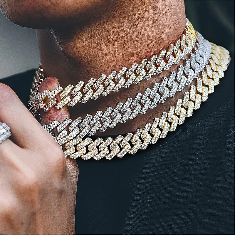

Wholesale Mens 19mm Hip Hop 14k 18k Gold Plated Necklace Brass Gold Plating Miami Iced Out Cuban Link Chain, White/yellow