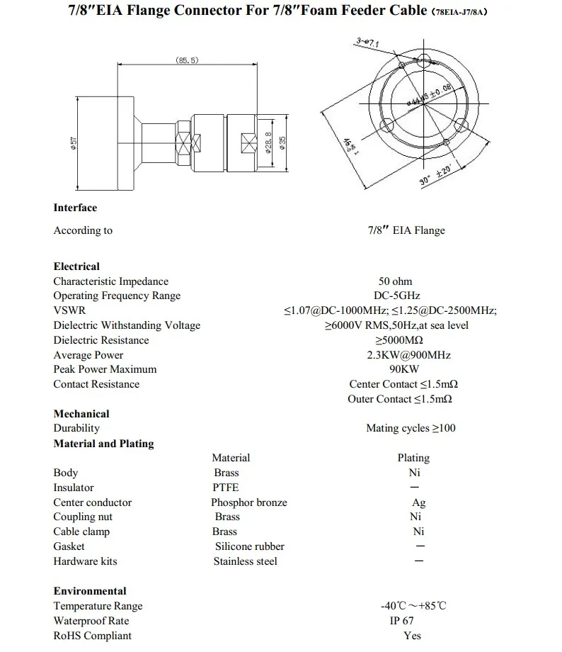 7/8 EIA Flange Connector For 7/8' Foam Feeder Cable