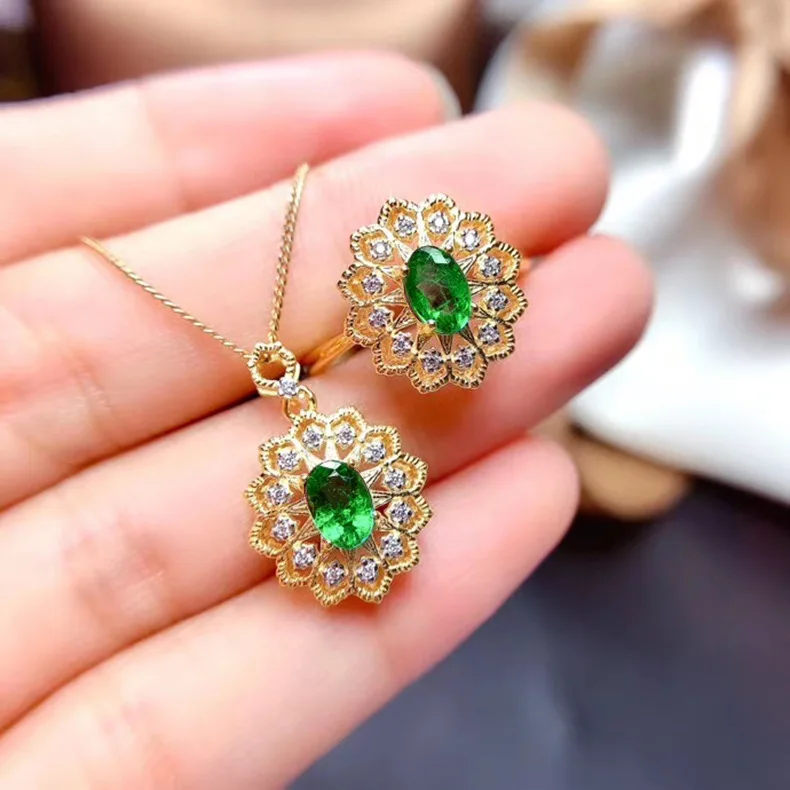 

fashion diamond Emerald sunflower tourmaline Charm Pendant silvery Necklace Ring Sets 18k gold jewelry wholesale Women's, Silver color