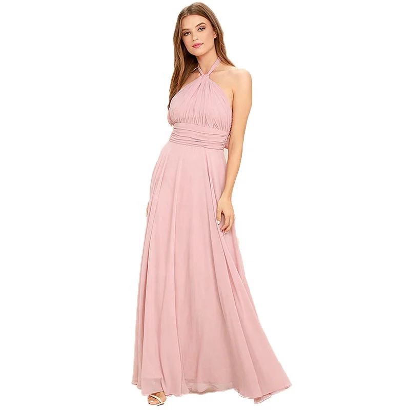 

Chiffon Halter Backless Pleated Dress Gown Evening Long Dress, Pink
