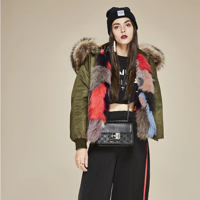 

Sexy Women Real Fox Fur Lining Hoody Jacket, Army green
