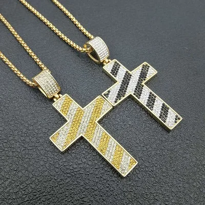 

Luxury Hip Hops Stainless Steel Full Diamond Jesus Cross Necklace Striped CZ Cross Pendant Necklace For Punk Men