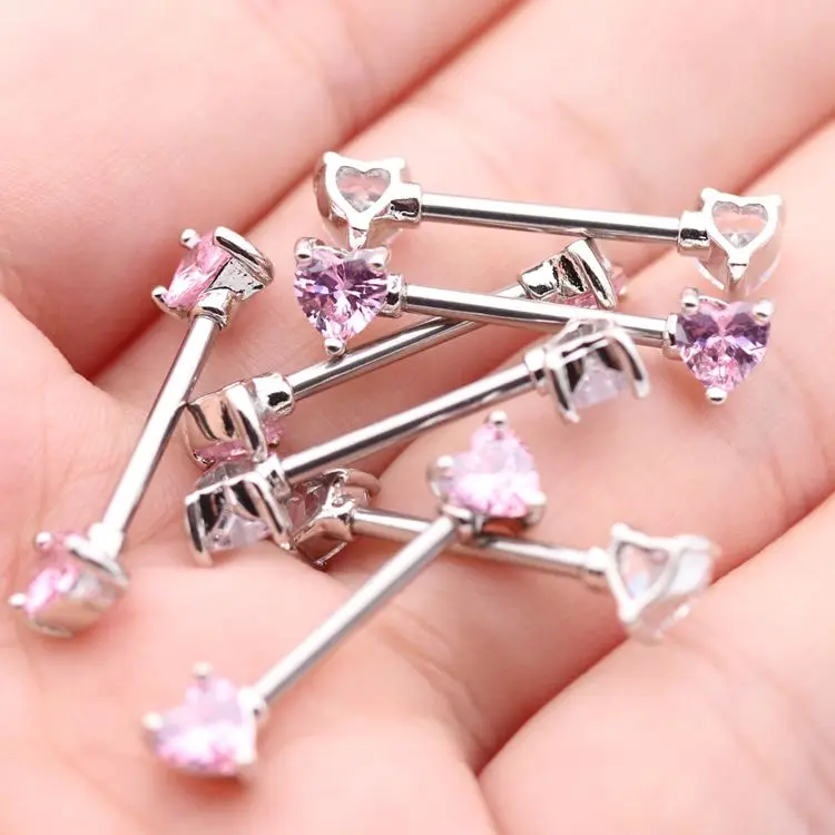 

new heart design cute silver pink clear zircon gems 316L stainless steel nipple body piercing rings jewelry sexy nipple rings