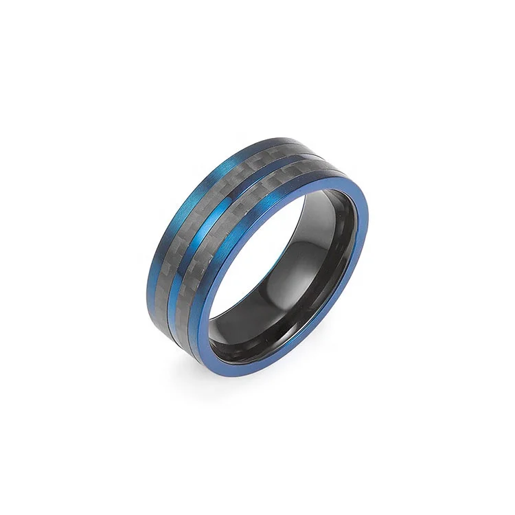 

High Quality Fashion Men's Carbon Fiber Ring Stainless Steel Blue Black Charm Ring