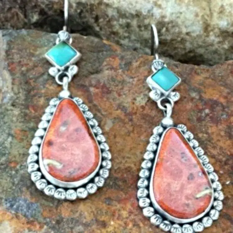 

Boho Vintage Statement Orange Stone Earrings Large Retro Bohemian Drop Hook Turquoise Dangle Earrings, Silver