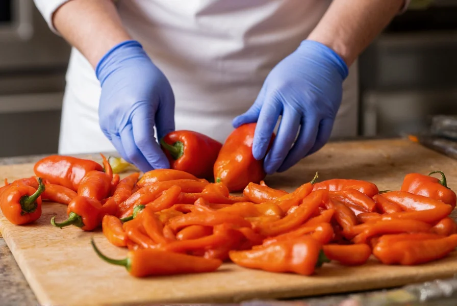 Chef wearing gloves while carefully preparing Peruvian puff peppers on cutting board