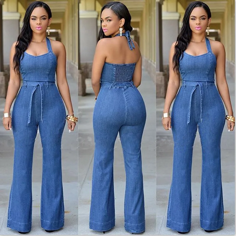 

2021 Summer Sexy Off Shoulder Bodycon Women Halter Jeans Jumpsuit, 1 option