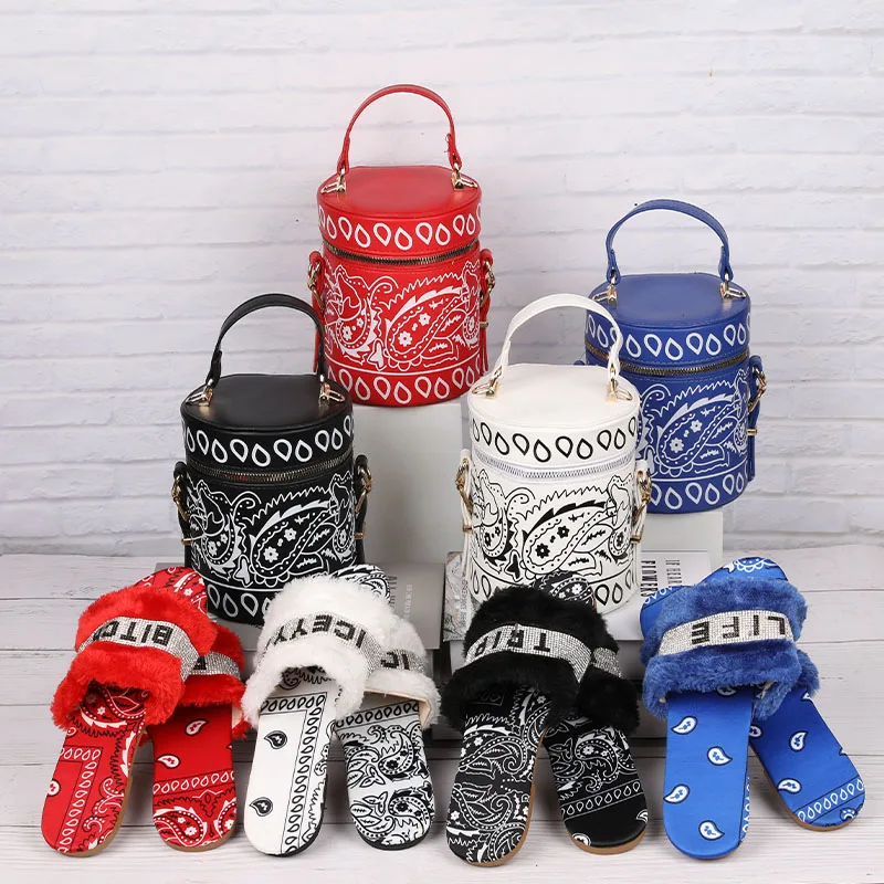 

2021 Latest Design women hand bags ladies Cashew Flower bandana matching shoes and bags slides and purse set, Blue/orange/pink/black/white/red/purple