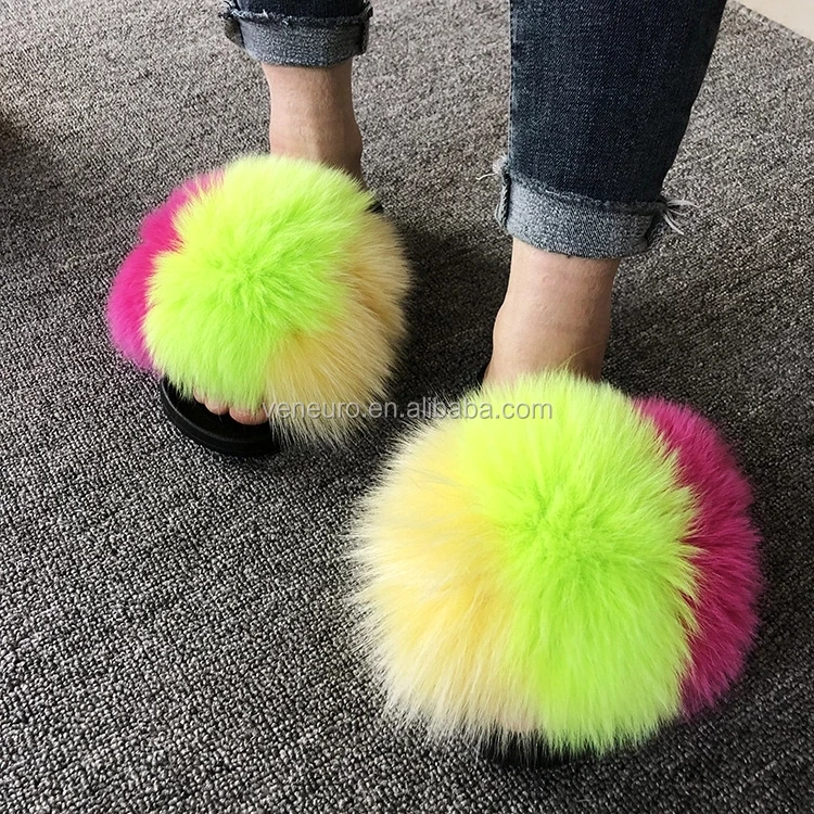

Factory wholesale pvc sandals ladies rainbow colorfox fur slippers women soft real fox fur slides, Customized color