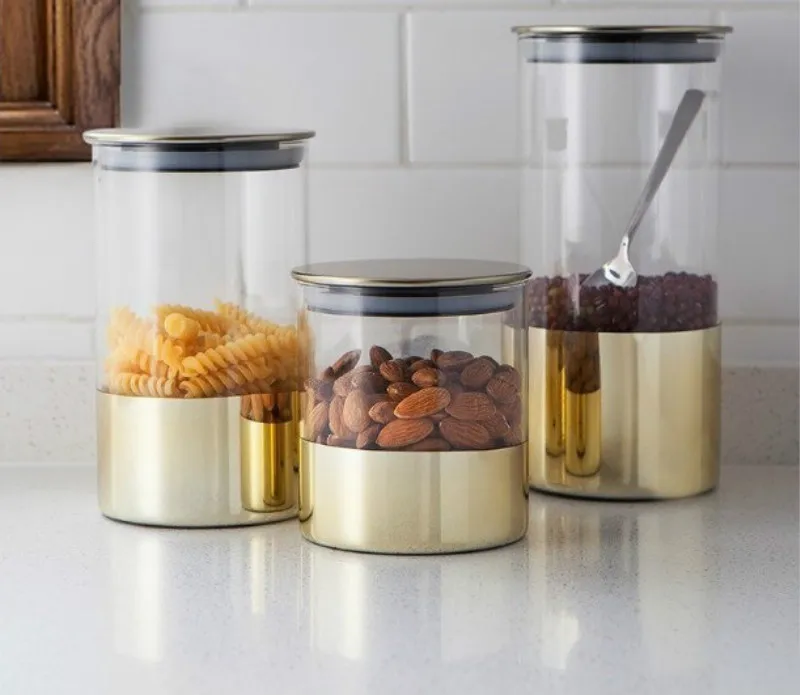 Decorative Gold Wide Mouth Glass Canisters With Metal Lids Kitchen