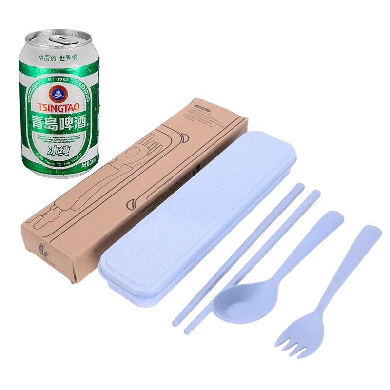 

Wheat straw tableware chopsticks, fork and spoon three-piece set plastic portable travel tableware set, As picture