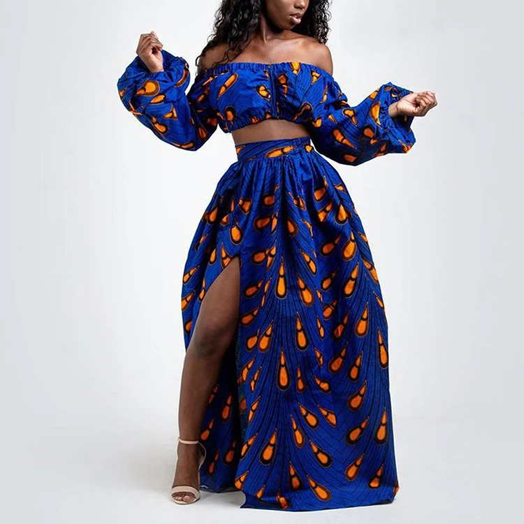 2020 Dashiki Pleated Printed Off Shoulder Crop Top And Skirts Set African Clothing For Women