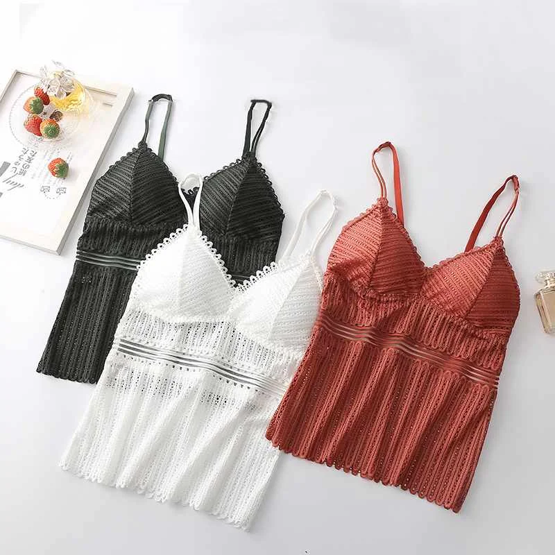 

Women Lace Nylon Sling Vest Sexy Hollow Stripe Pattern V-neck Underwear Summer Casual Girl Bra Tops