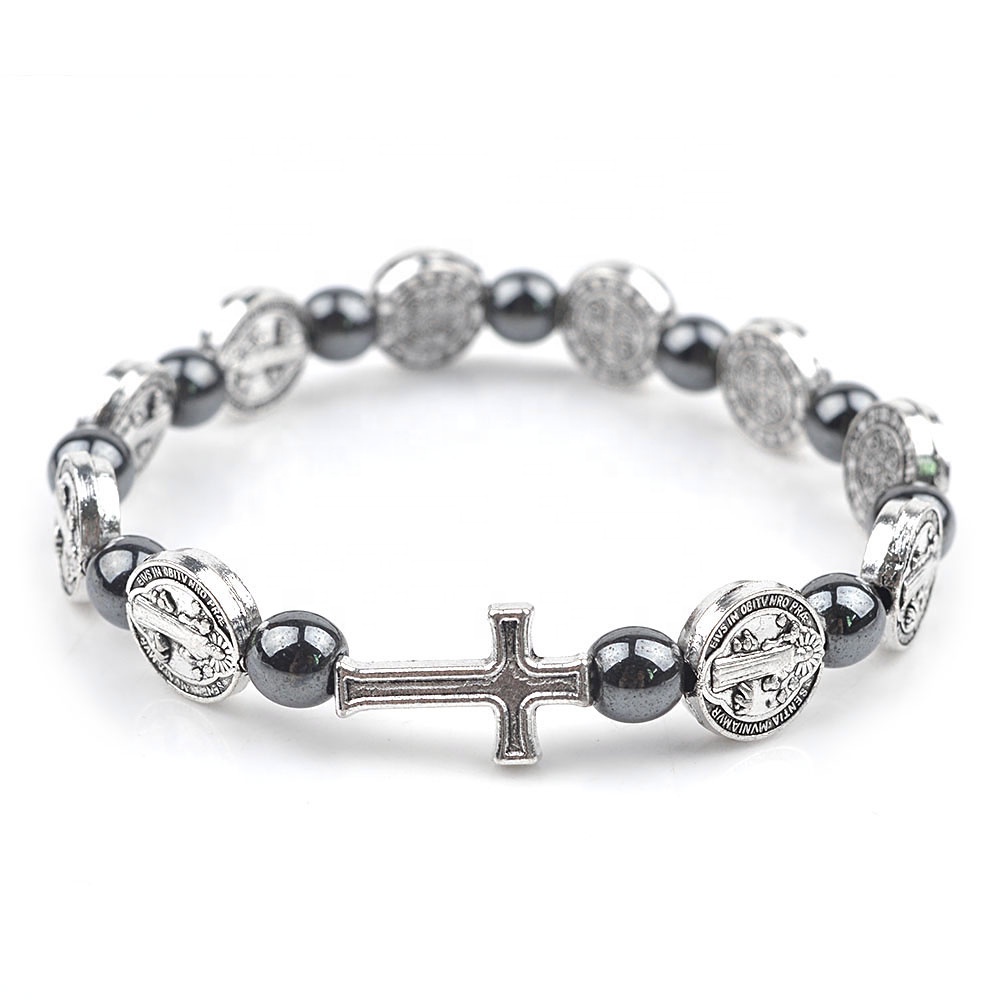 

Cheap Elastic St Benedict Women Bracelet Metal Beads Hematite Men Bracelet