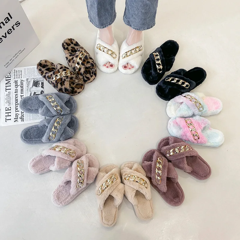 

Casual Women's Open Toe Cross Plush Shoes Metal Button Thick Sole Warm Fur Slippers, Colors