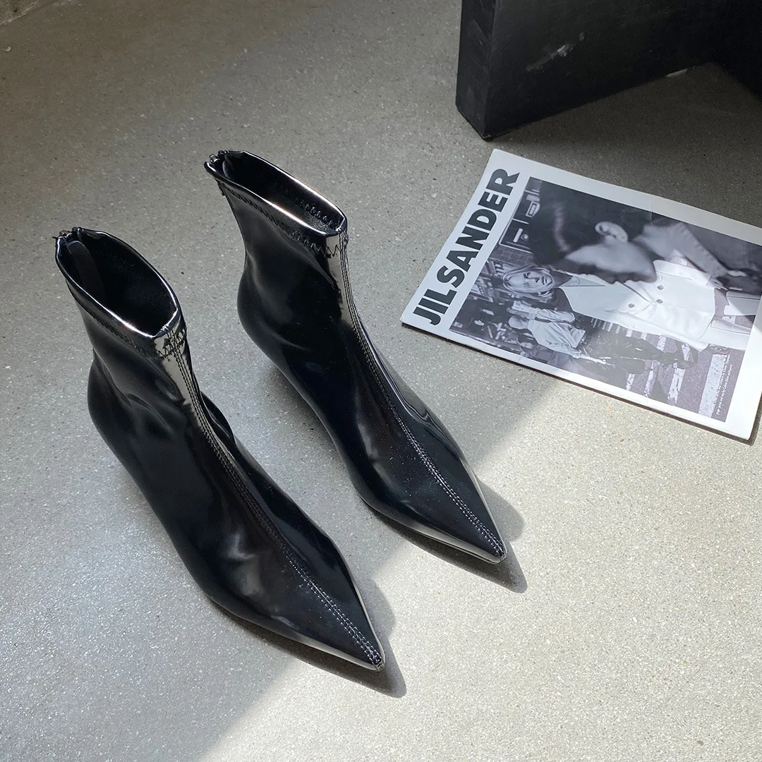 

2020 black pu thigh cat heels new design ankle boots women cusp toe mid heel, As picture show or customized
