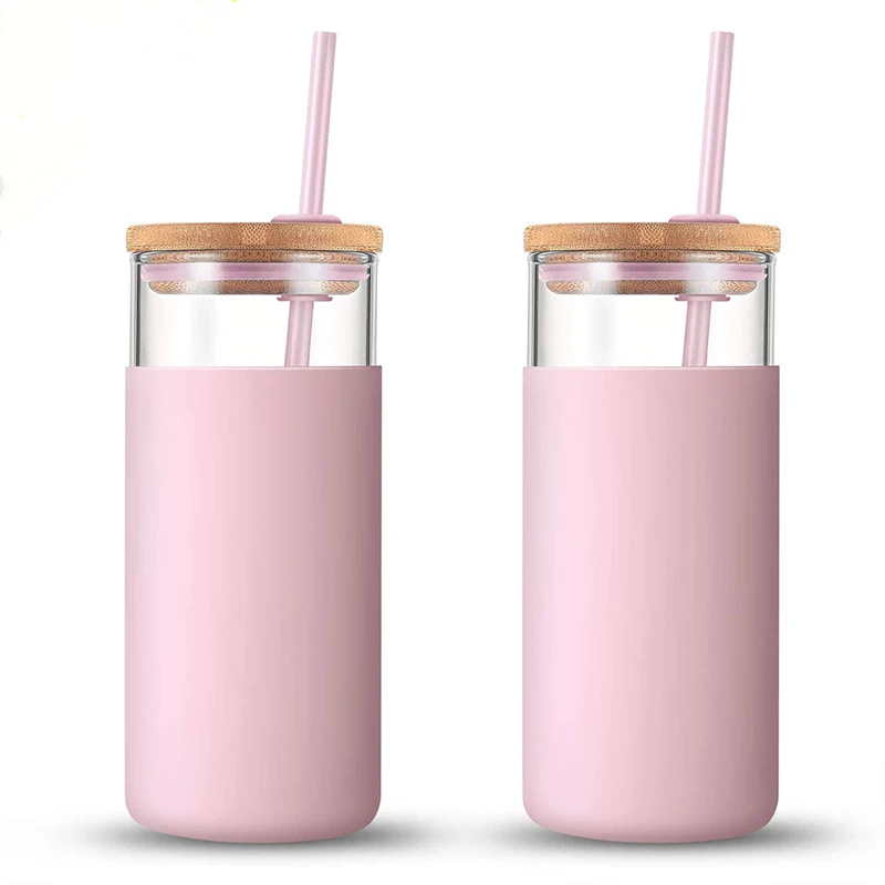 

Eco friendly BorosiliGlass Dishwasher Safe 20oz Tumbler Glass Water Bottle With Silicone Sleeve Straw Bamboo Lid